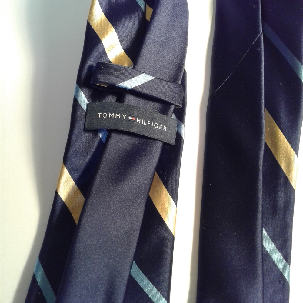 Tommy Hilfiger Men's Necktie Blue Gold Stripe - Picture 2 of 3